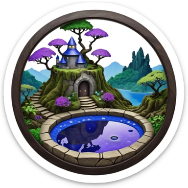 Crashed Alien saucer pool-castle jungle winding footpath mountainside getaway haunted nighttime landscape antique mudman very old broken cracked intricate Stone Age lapis-crusted irregular dodecagon-shaped shallow dark moss rough bark violet flowered maple treehouse bonsai sticker