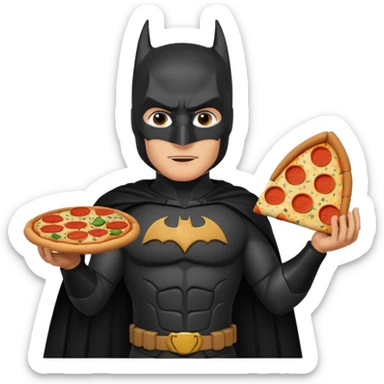 batman, wearing black ancient custome, with pizza sticker