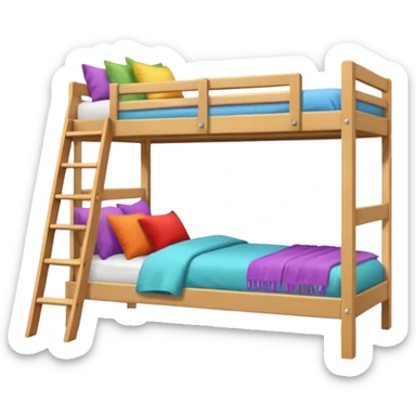 "Cozy bunk bed in a bright bedroom, wooden frame, colorful bedding, small ladder, soft natural light, realistic and detailed." sticker