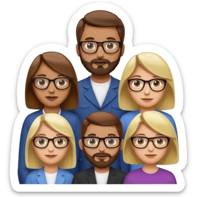Four people including a man with hair and glasses, a man with a beard and no glasses, a woman with long brown hair and no glasses and a woman with a blonde bob and no glasses sticker