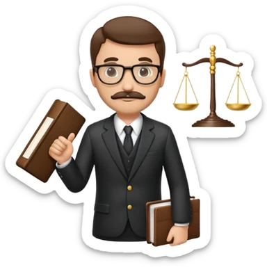“Create a clean, modern emoji-style illustration of a male lawyer. He is wearing a formal suit jacket. He is holding a judge’s gavel in one hand and has a law book tucked under his arm. He has a mustache and a short beard, and he is wearing glasses. sticker