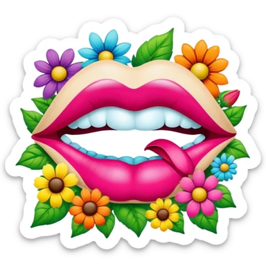 psychedelic colored pair of lips surrounded by hippie style flowers sticker