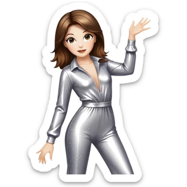woman with white skin and brown hair disco dancing with sparkles around, wearing a shiny jumpsuit sticker
