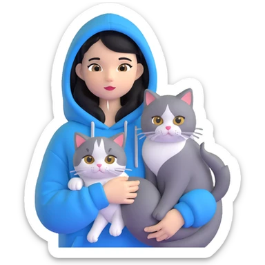Girl with black hair in gray hoodie with a British shorthair blue and white cat and a long-haired blue and white cat sticker