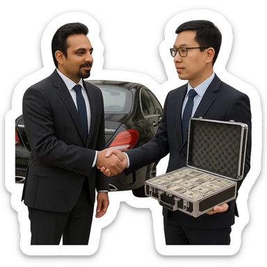 Remove the background so the scene is on a transparent background. The scene shows a light-skinned Indian man with a goatee shaking hands with a Chinese man, giving him a briefcase of money, with an AMG car behind the Indian man. sticker
