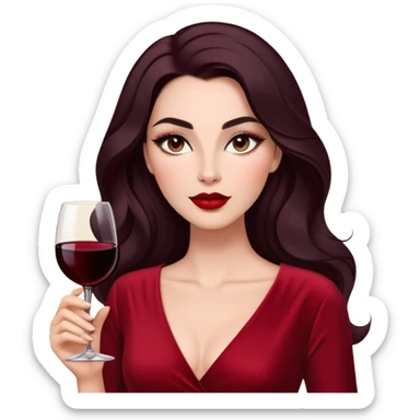 Confident woman with luminous skin, elongated face, defined features, dark almond eyes with dramatic eyeliner, thick eyebrows, straight elegant nose, full bright red lips, voluminous dark hair with soft waves, wine red velvet V-neck dress sticker
