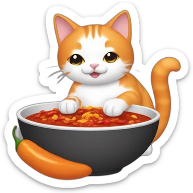 orange and white cat making a bowl of chili sticker