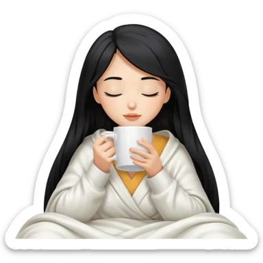 black hair girl long hair inside a white milky satin blanket sipping coffee in white mug eyes closed without coffee in mouth  sticker