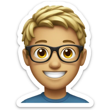 smiling boy with glasses indoors with headset sticker