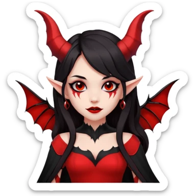 demon girl, skin red , black long hair, small horns, bat wing, black open-back dress, bold black outlines, red+black palette sticker
