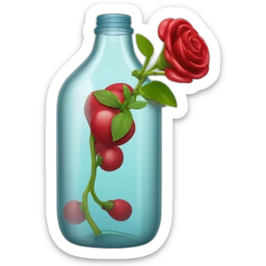 The bottom half of a plastic bottle cut in half as a vase that containing a reddish beverage inside sticker