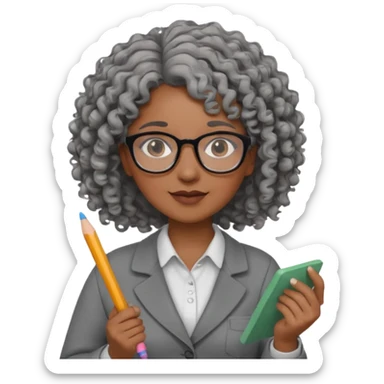 woman teacher, brown skin, curly hair, old, wearing glasses, hold chalk on hand sticker