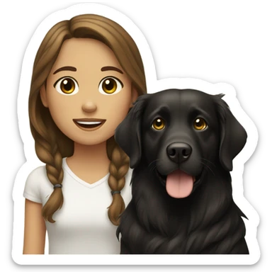 Girl with brown hair and green brown eyes next to a black golden retriever sticker