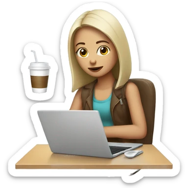Girl with laptop and cold coffee  sticker