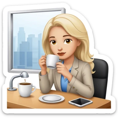 Woman sipping coffee on a work, looking thoughtful sticker