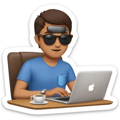 man in sunglasses typing on a laptop with a coffee cup beside him sticker