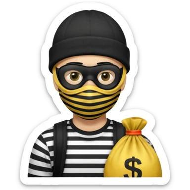 A Robber Emoji, the robber is Male, has a Black Beanie hat, has a shirt with black and white stripes, a black mask thing around his eyes, and a yellowish money bag on his hanging right shoulder, we can only see his upper body from his chest and his face he has no mask on his mouth and ha sticker