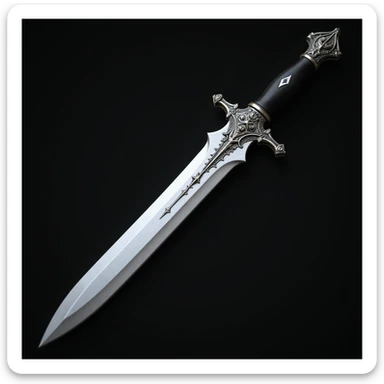 realistic gothic dagger, silver blade, ornate black handle, photorealistic style sticker