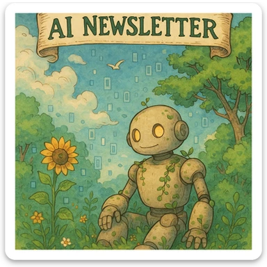 ghibli style newsletter about AI, whimsical robot and nature blending with digital motifs sticker