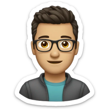 it guy with top knot hair cut, dark brown hair, dark brown eyes, has square glasses on sticker