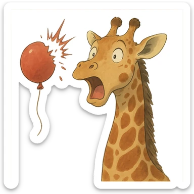 giraffe popping balloon in surprise expression, soft ghibli style sticker