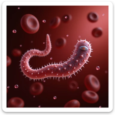 hyperrealistic 4K close-up of Trypanosoma in human blood, S or C shape, flagellum and nucleus highlighted, red blood cells and plasma in background, clinical atmosphere sticker