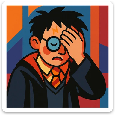 Harry Potter facepalm, vibrant toon style, glasses, lightning scar, robe sticker