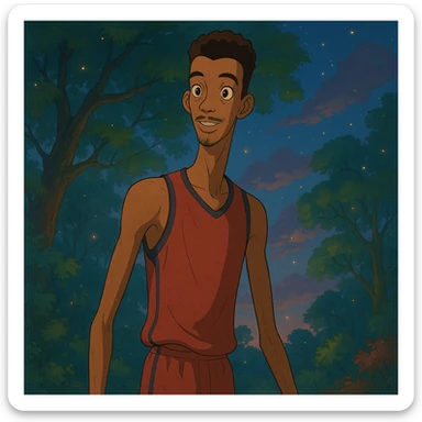 portrait of Wembanyama, elongated limbs, expressive eyes, magical setting, Ghibli style sticker