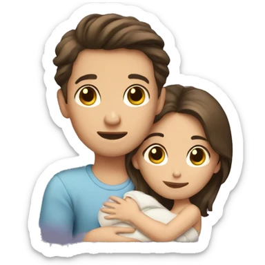 Brunette boy and girl having a baby sticker