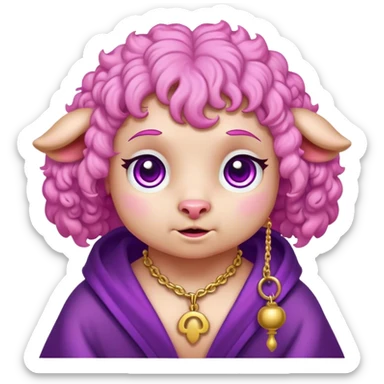 Lamb character, cartoonish scenery in the art style of the game cult of the lamb, pink curly wool hair,purple robe with gold trim, bell necklace,  pink eyes, hearts (masterpiece), godly, divine,  chibi, crying_tears, crying sticker