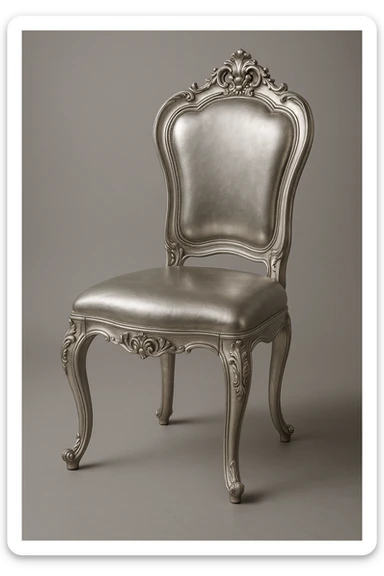 a silver dining chair, classic style, ornate details, metallic finish sticker