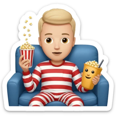 male memoji, lazy man in pajamas, lying on couch, holding TV remote, relaxed face, casual home vibe, popcorn bucket, watch tv sticker