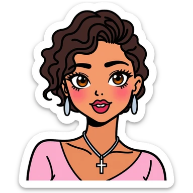 Light-skinned girl with honey brown eyes, long thick eyelashes, thin dark brown eyebrows, dark brown short curly hair with light highlights, flushed lips with heavy cupid bow, wearing a silver cross necklace, round silver earrings, and a light pink top with v-line sticker
