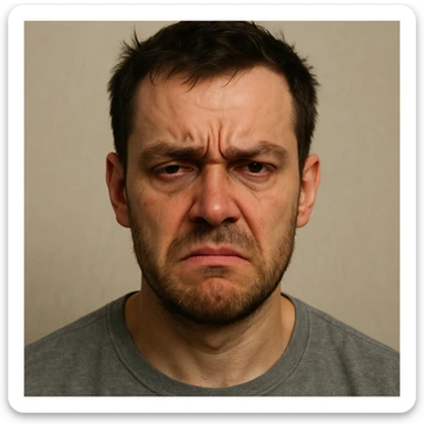 a person showing all three emotions—sad, exhausted, and mad—blended in one face, expressive features, neutral background sticker