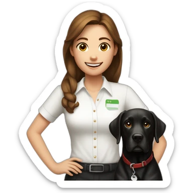 girl with brown hair in white shirt with black labrador holding a cheque with "100,-" sticker