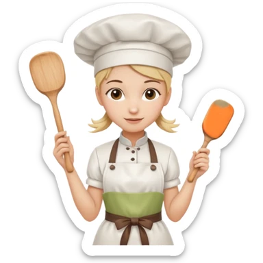 Young female pastry chef - single ponytail, apron, wearing a white hat, holding a rolling pin sticker