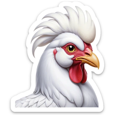 Cinematic Noble White Rooster Portrait Emoji, Poised and regal, with a robust, commanding build and a pristine, well-groomed pure white plumage, deep-set soulful piercing eyes, Simplified yet sharp and sophisticated features, highly detailed, glowing with a soft, dignified glow, high shine, intelligent and proud, stylized with an air of barnyard majesty, focused and attentive, soft glowing outline, capturing the essence of a watchful and confident leader, so majestic it feels as though it could crow out of the screen with effortless authority! sticker