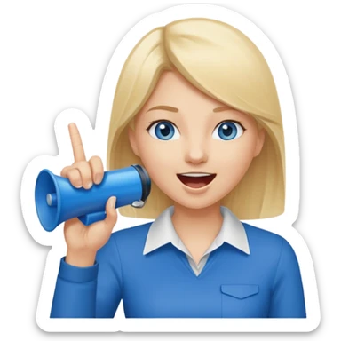 blue eyes blonde girl yelling into megaphone and holding up 1 finger in the other hand smiling sticker