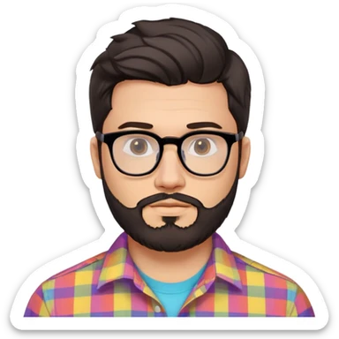 a 30-year-old man with light skin, medium solid build, wide face, soft cheeks, rounded jawline, neutral relaxed expression, short dense full beard, wavy voluminous brown-black hair at the front, large rectangular black thick frame glasses, colorful button-up shirt open showing white t-shirt sticker