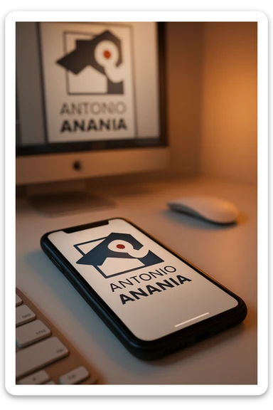 A photo of an iPhone on the desk with the logo of "Antonio Anania" on its screen, The phone sits atop a desk with a blurred with the logo in the background that suggests work environment. A faint glow from above casts gentle shadows across the surface of each object, creating depth and highlighting their textures sticker