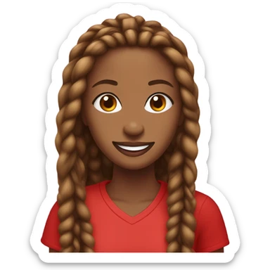 Light brown lady smiling,  brown long African braids, bright red lips, eyelashes, wearing red “happy Valentine’s Day” t shirt sticker