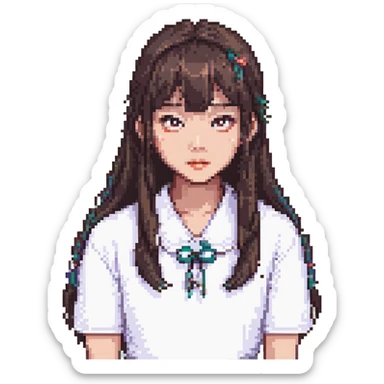 Asian girl with thin bangs, long hair, round eyes, pixel art style sticker
