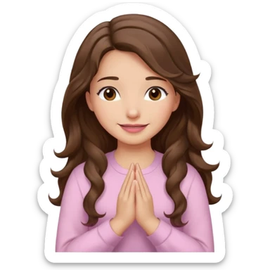 girl with wavy long brown hair, brown eyes, light to medium complexion, long lashes, light pink lipstick, praying, smiling, wearing light pink shirt sticker
