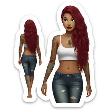 Beautiful tattooed  burgundy long haired woman walking on the beach sticker