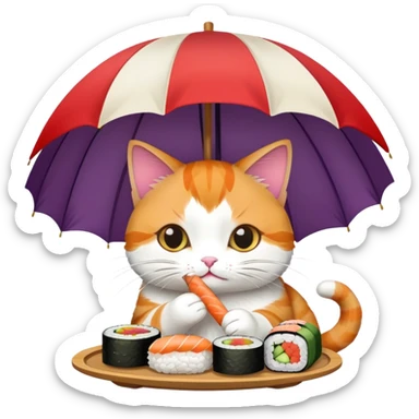 cat eating sushi under an umbrella sticker