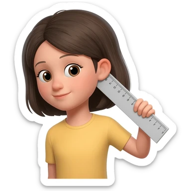 Girl with a ruler held from her ear downwards, at a slight angle sticker