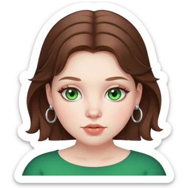 Brown haired girl, pale skin, green eyes, plump lips, blushed cheeks, silver hoops sticker