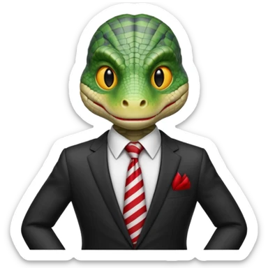 A reptilian humanoid dressing a suit, striped red and white tie, human emoji style, his face is seriously and sarcastic sticker