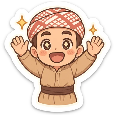 Kurdish sticker, feeling lucky, cartoon style, Kurdish person in jamadani, hands raised, sparkling eyes, joyful, no text sticker