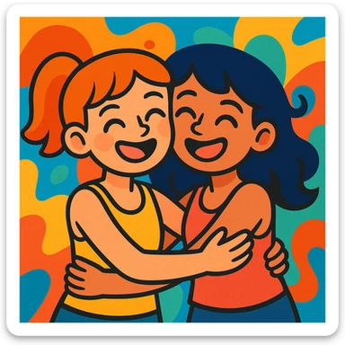 two girls in tank tops hugging, best friends, warm and joyful, colorful cartoon style illustration sticker
